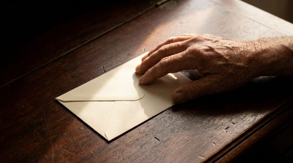 A close-up of a man s hand trembling as he reaches for a cream-colored envelope on a wooden desk with a blurred phone an