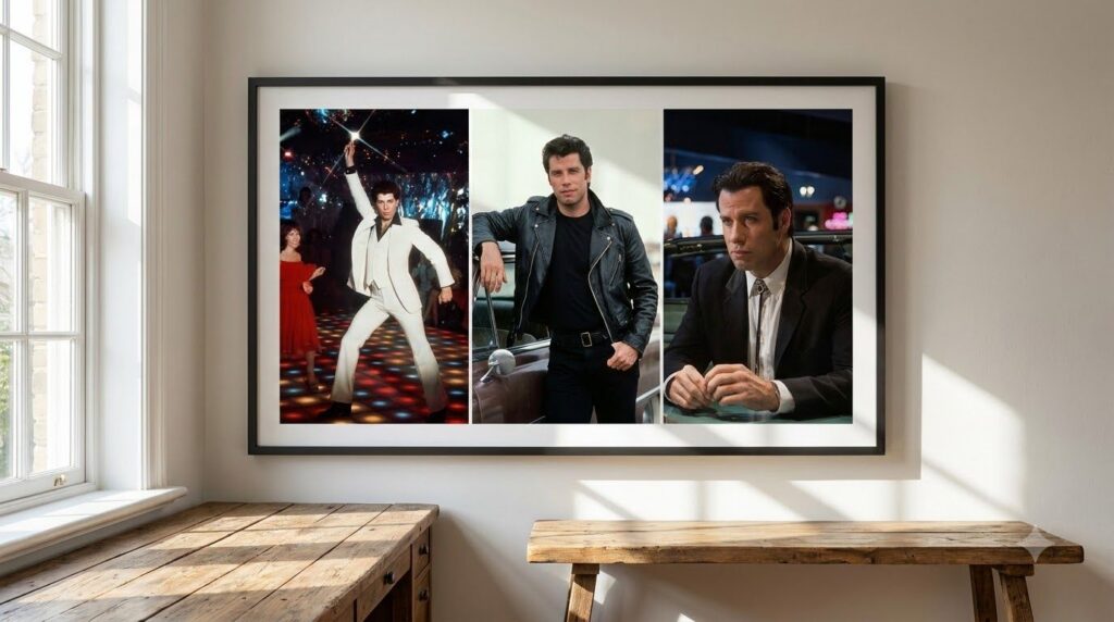 A collage of John Travolta s iconic roles throughout his career showing him as Tony Manero from Saturday Night Fever Dan