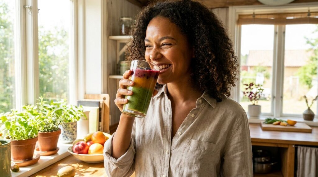 A woman smiling and happily drinking a homemade smoothie in a sunny kitchen emphasizing a healthy lifestyle