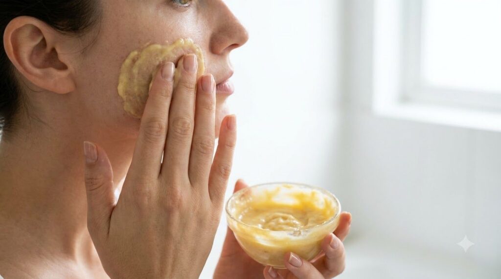 A person s hand applying the banana face mask to their clean face with a gentle smooth motion