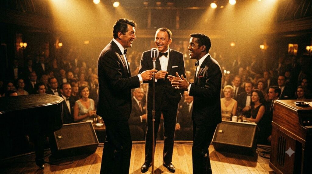 Dean Martin performing with the Rat Pack surrounded by Frank Sinatra and Sammy Davis Jr on stage all dressed in sharp su