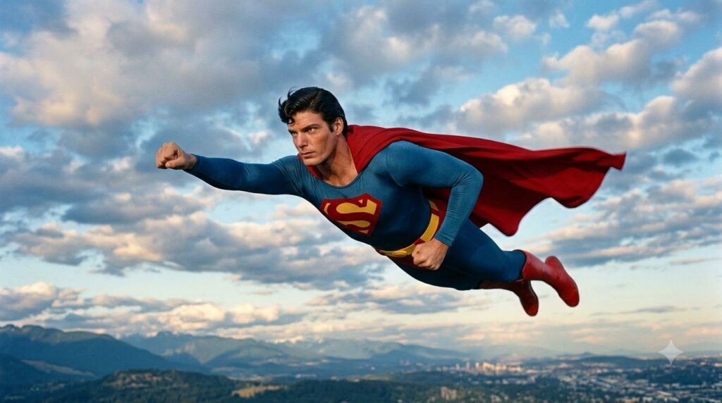 Christopher Reeve in his iconic Superman costume flying with a determined expression