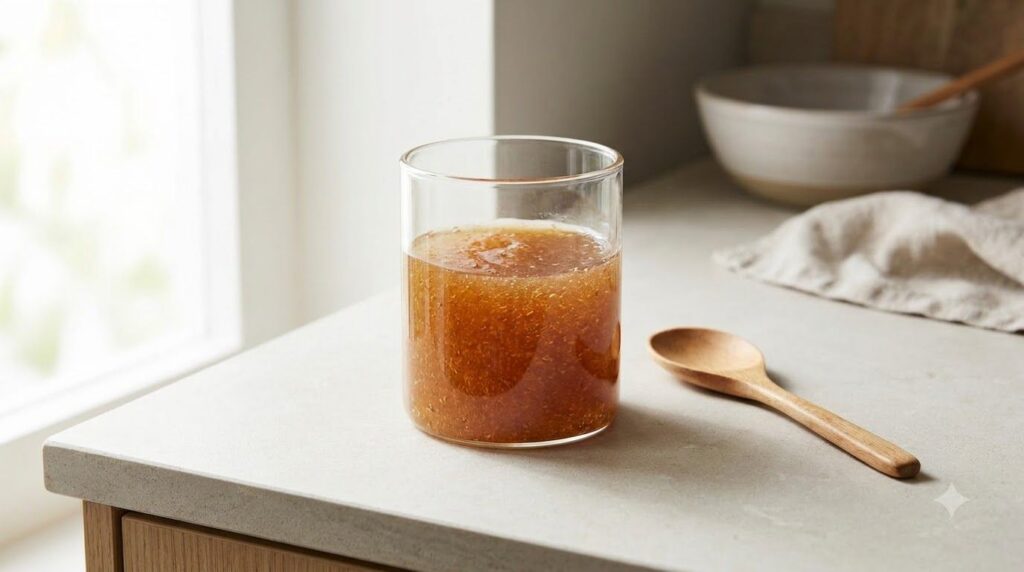 A glass jar filled with translucent homemade flaxseed gel with a spoon beside it on a clean kitchen counter