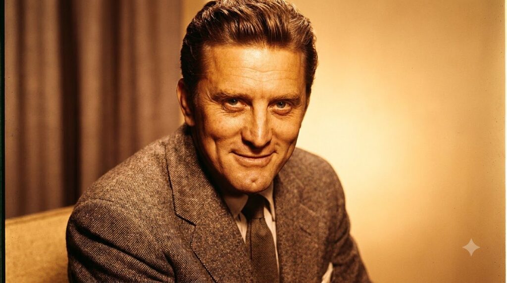 Young Kirk Douglas in his prime with his distinctive chin dimple and intense gaze