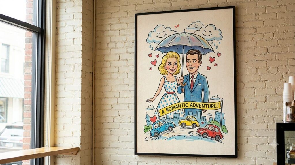 A vibrant and stylish movie poster from the 1950s or 1960s showcasing a blonde actress in a romantic comedy setting