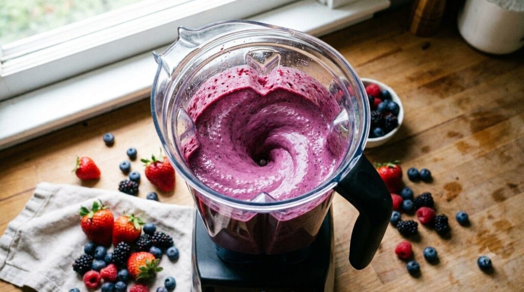 A blender filled with a vibrant purple berry mixture being blended to a smooth consistency with fresh berries on the cou
