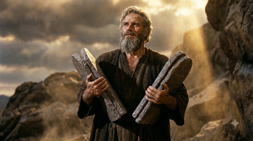Charlton Heston as Moses holding the tablets with a powerful commanding look