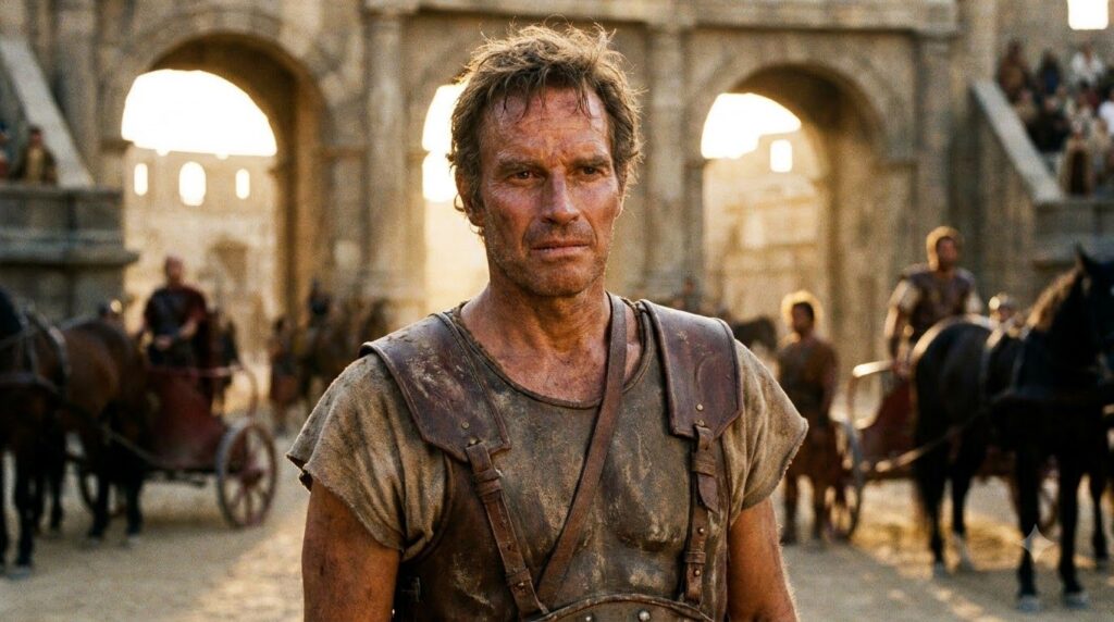 Charlton Heston as Judah Ben-Hur wearing Roman-era attire in a dramatic pose