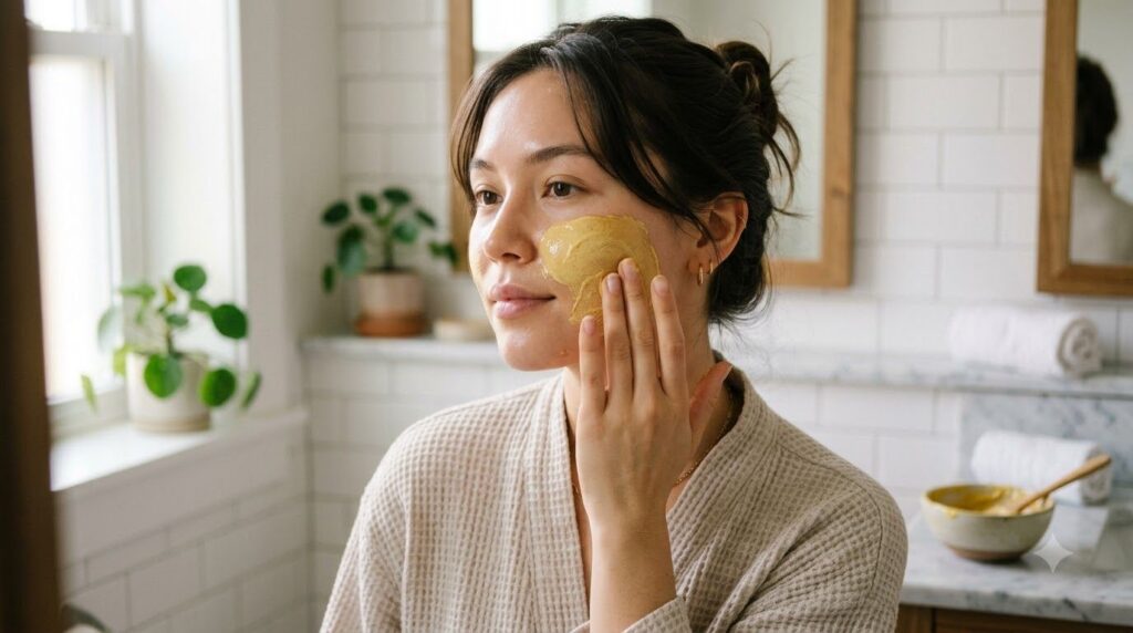 A close-up of a person s hand applying a yellow-tinted DIY face mask to their cheek with a gentle smooth motion The mask