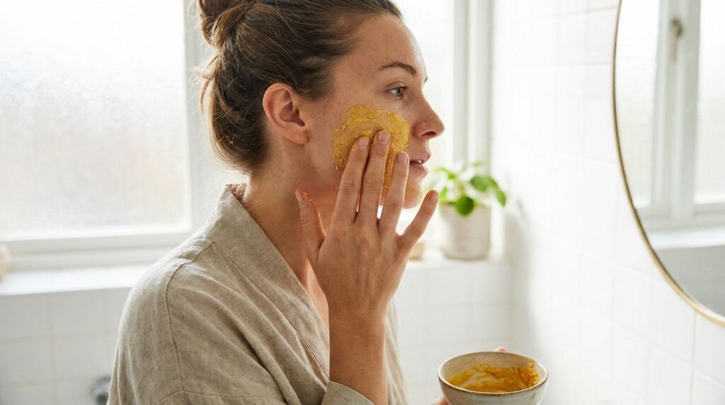 A close-up of a person applying a DIY face mask made with natural ingredients to their skin The mask has a slightly yell