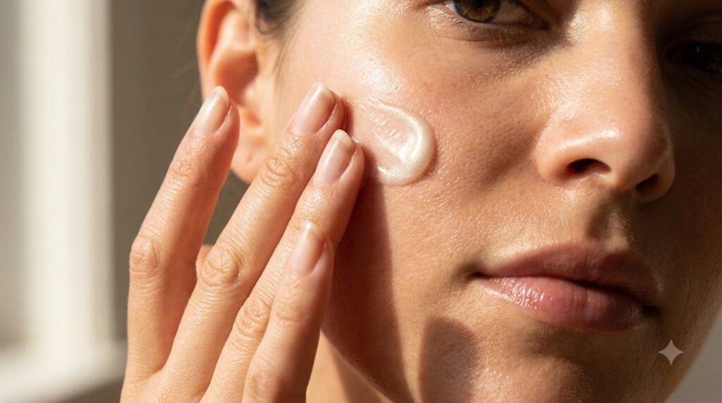 A woman gently applying a small amount of homemade glow gel to her cheek blending it into her skin with a soft focus on