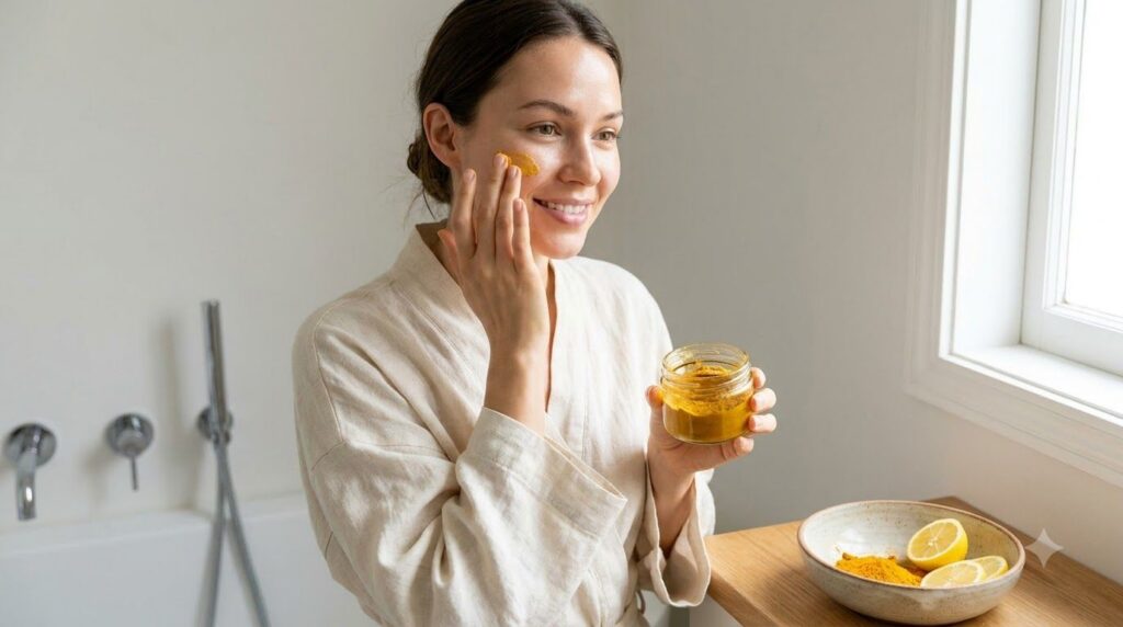 A person gently applying a golden turmeric and lemon face mask to their face in a bright bathroom