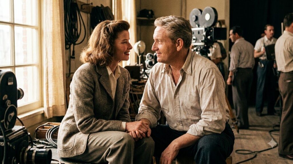 Katharine Hepburn and Spencer Tracy sharing a tender moment on set looking at each other with affection