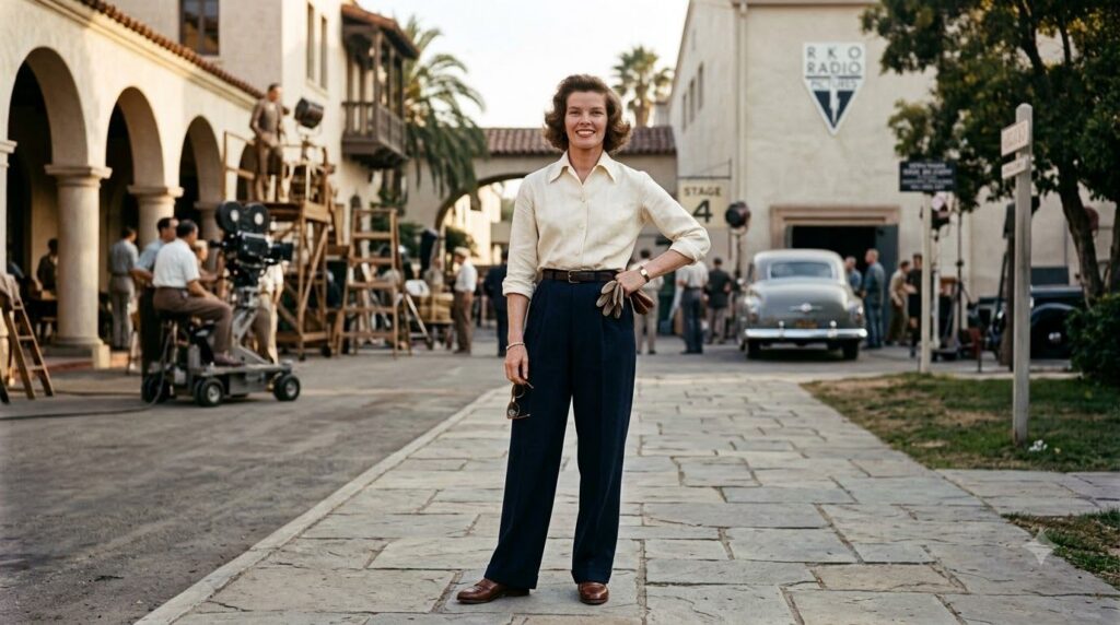 Katharine Hepburn wearing trousers exuding confidence and independence with a classic Hollywood background