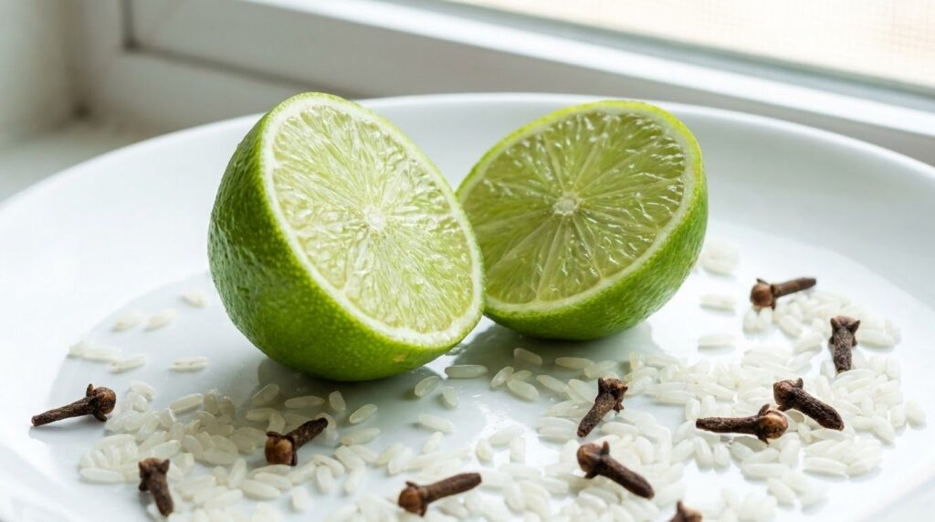 A fresh green lime cut in half with some rice grains and whole cloves arranged around it on a clean light surface