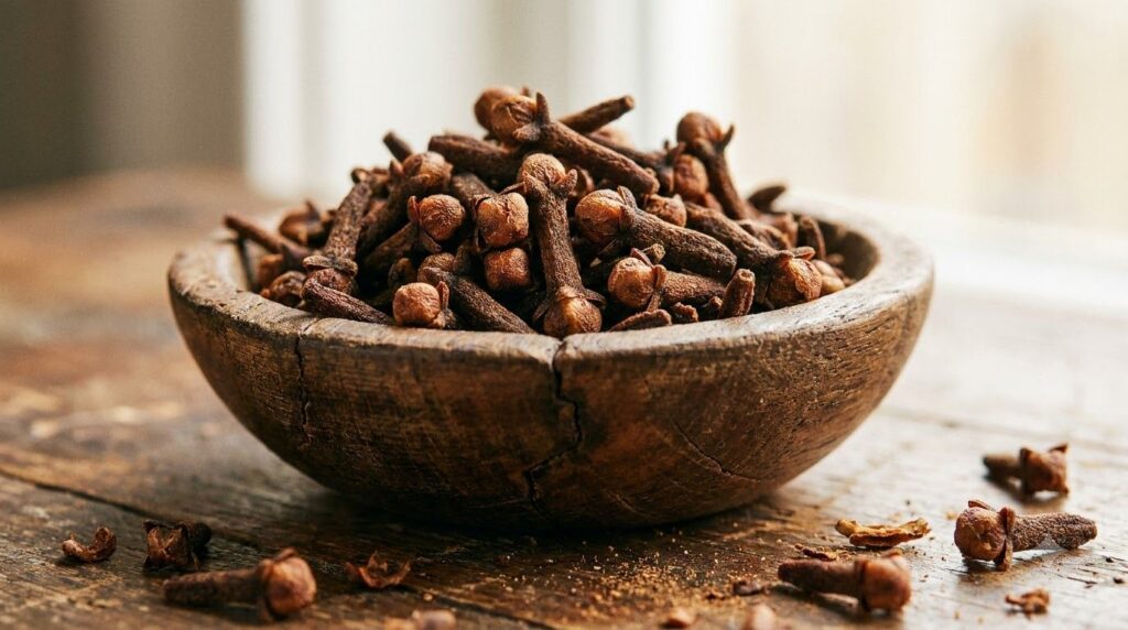 Close-up of dried cloves showcasing their texture and color perhaps in a small bowl or scattered on a wooden surface