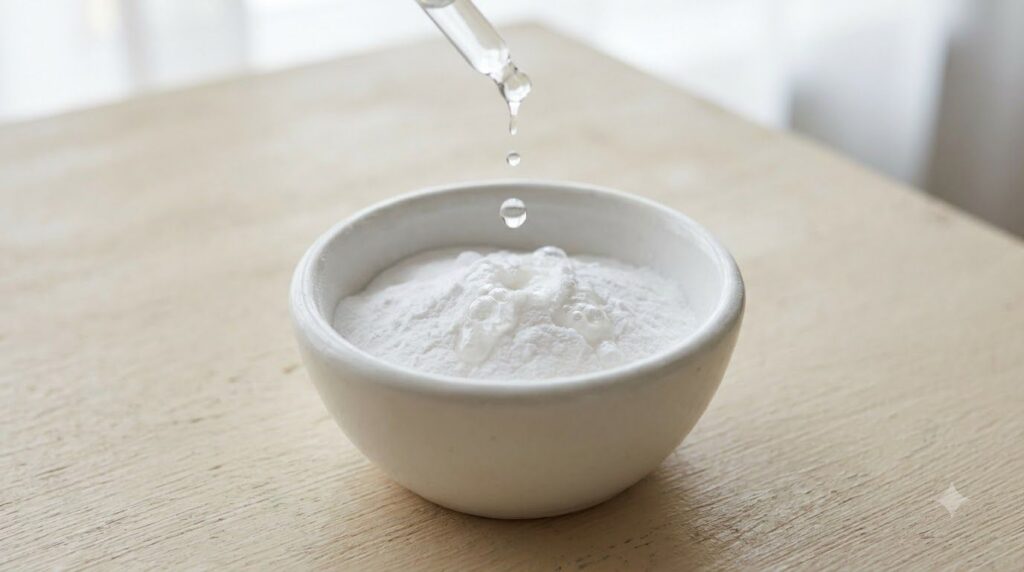 A small bowl with baking soda and water ready to be mixed for a face mask