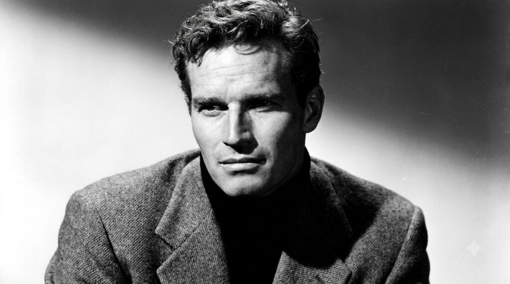 A young Charlton Heston looking confident and determined possibly in a still from an early film in black and white