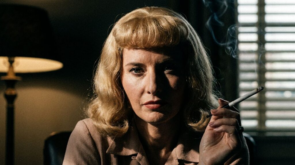 Barbara Stanwyck as Phyllis Dietrichson in Double Indemnity wearing a blonde wig and looking intensely