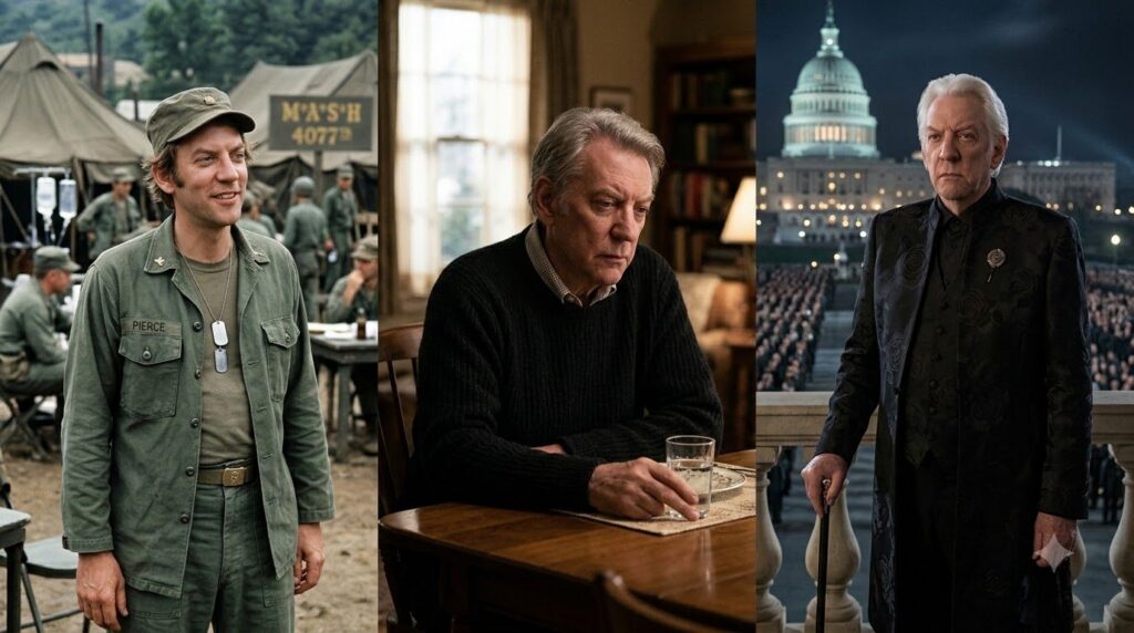 A collage of Donald Sutherland in his most famous roles including Hawkeye Pierce from M A S H the father from Ordinary P