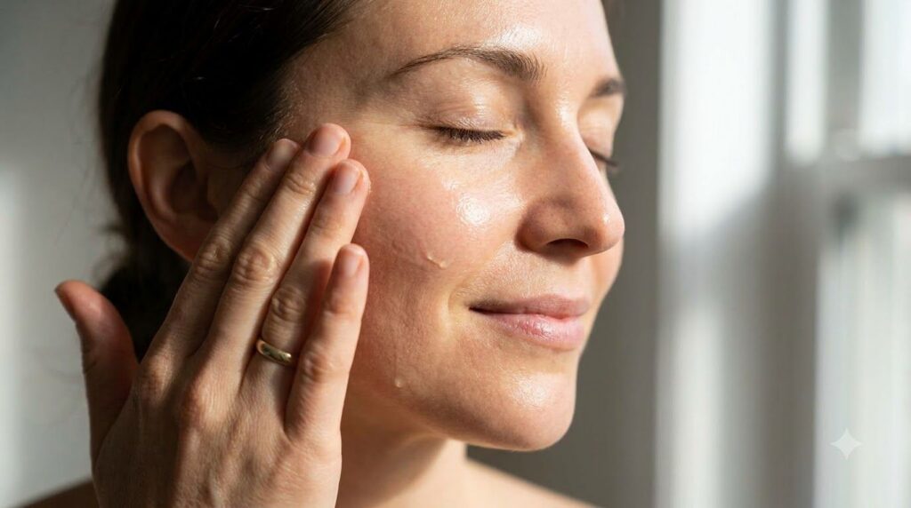 Close-up of a hand gently applying baby oil to a clean face with a soft glowing background