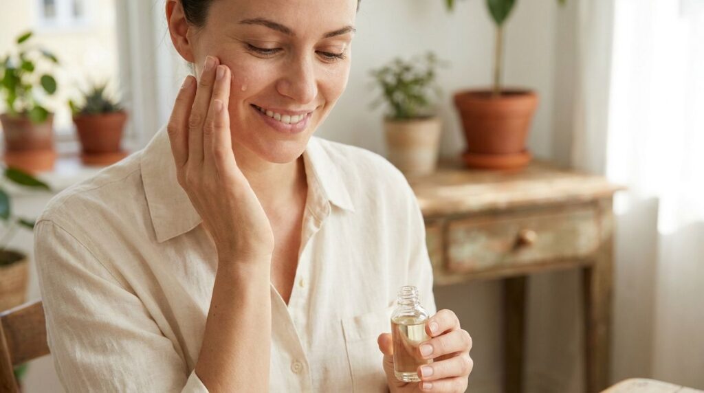 A woman gently massaging baby oil onto her face looking relaxed and happy