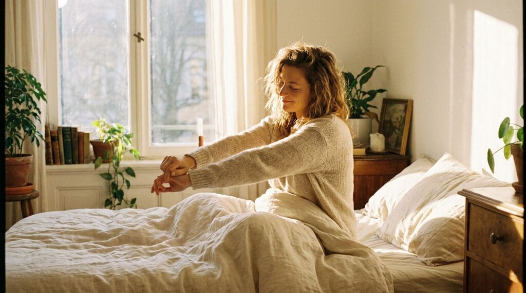 A woman waking up in the morning looking fresh and radiant with soft glowing skin