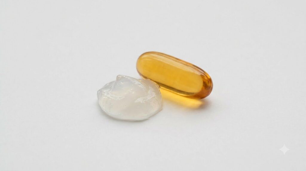 Close up of a Vitamin E capsule with golden oil next to a small dollop of Vaseline on a clean white surface emphasizing 