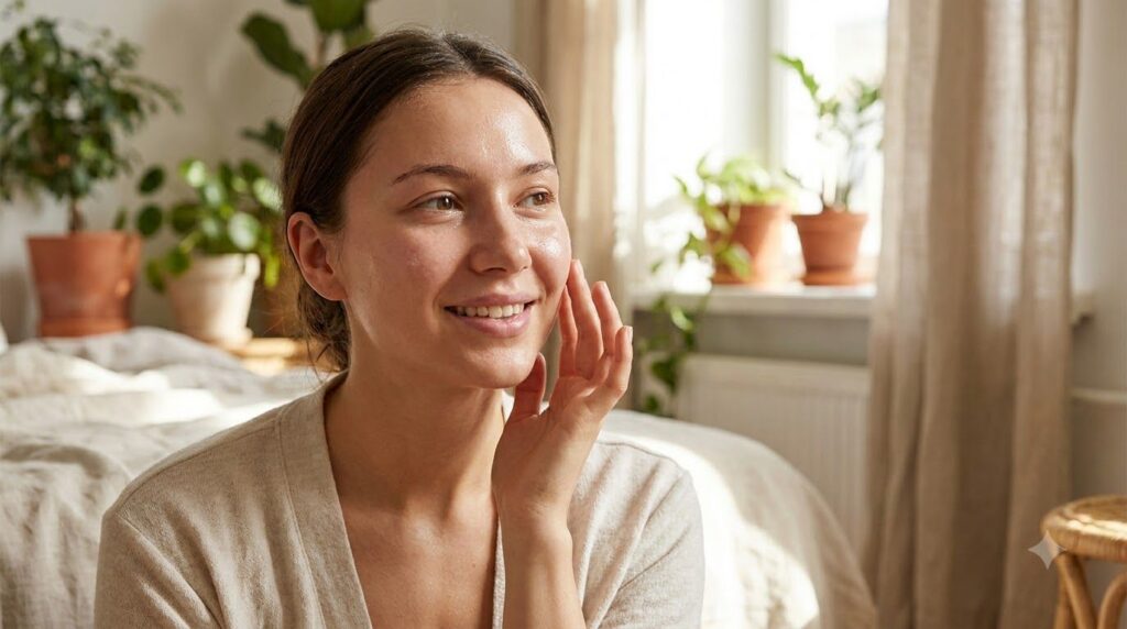 A woman smiling and touching her smooth radiant cheek emphasizing healthy glowing skin achieved through simple skincare