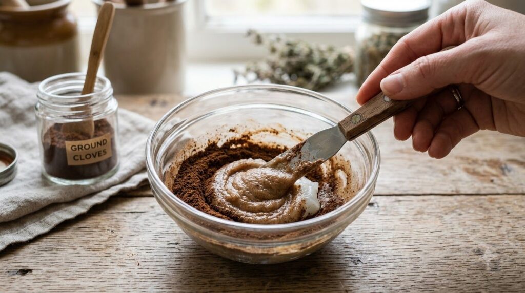 A small bowl with ground clove powder being mixed with petroleum jelly to form a paste