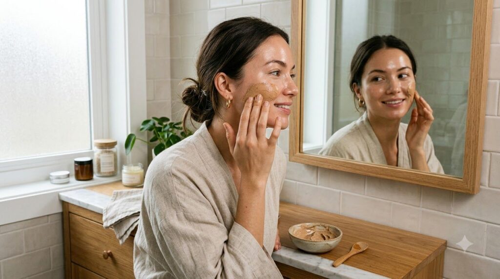 A woman gently applying a DIY facial paste to her cheek looking in a mirror