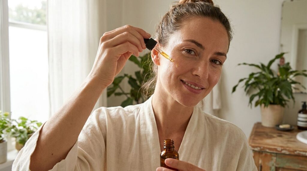 A woman gently applying the infused glow toner to her face after cleansing demonstrating the proper use