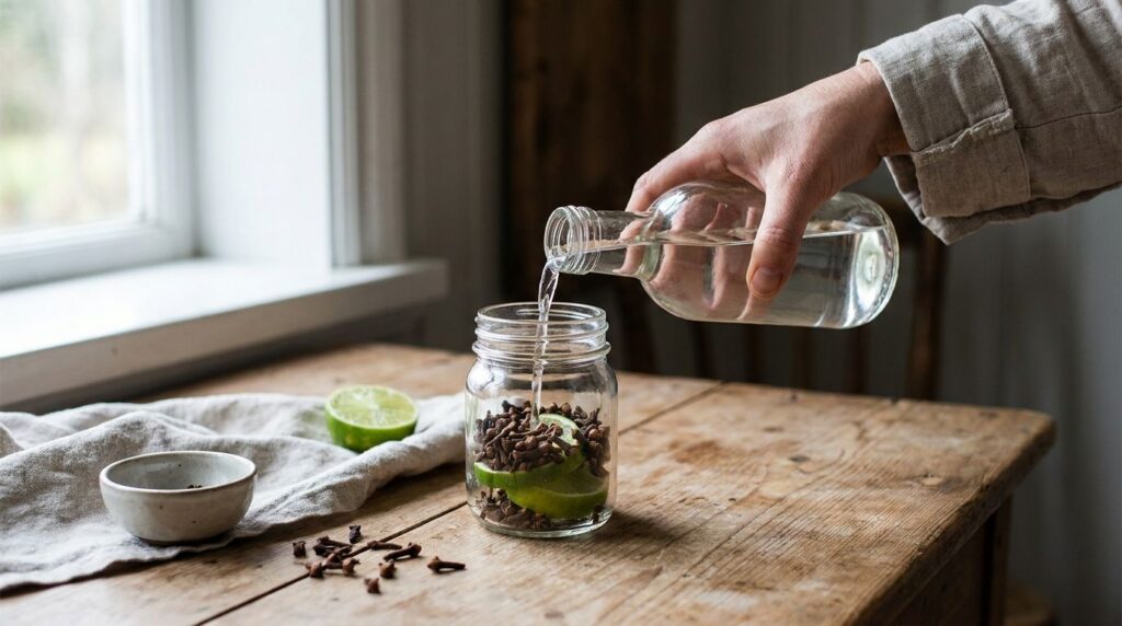 A hand pouring baby oil into a glass jar containing cloves and lime slices