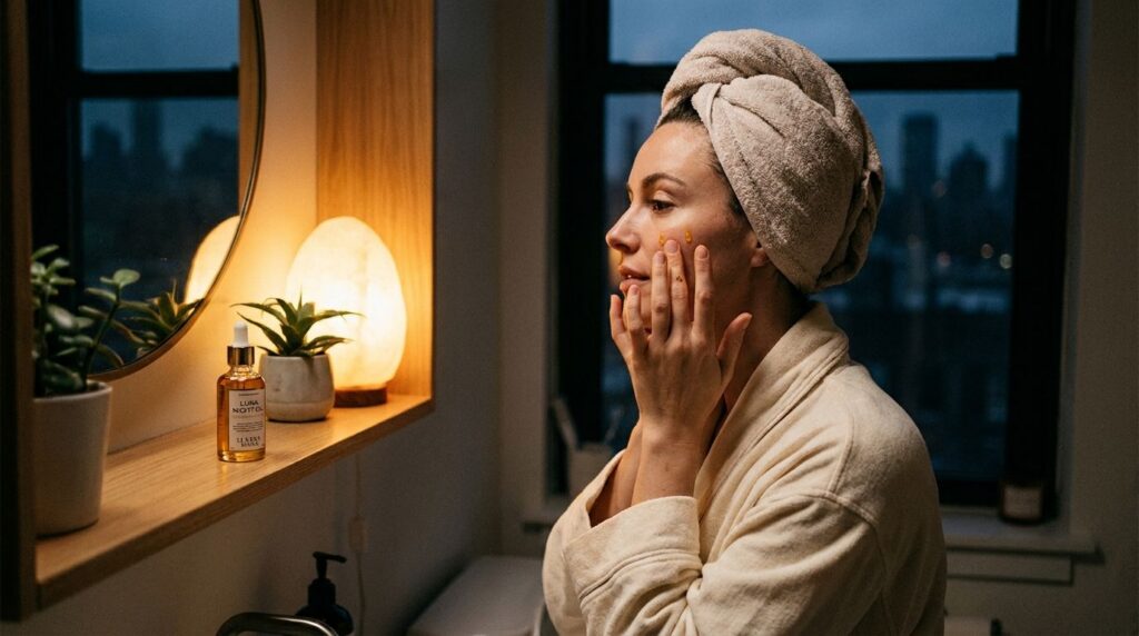 A woman gently massaging a few drops of facial oil onto her clean face at night with a soft warm glow around her illustr