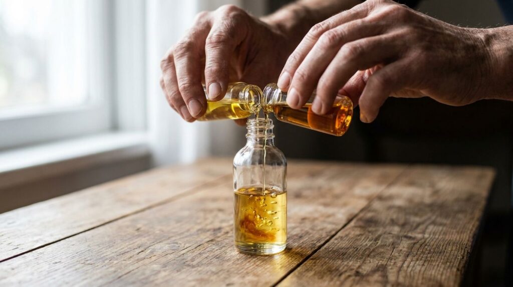 Close-up of hands pouring various natural oils from small bottles into a larger empty glass dropper bottle on a wooden t