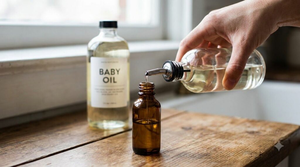 A close-up of a hand pouring a clear oil from a bottle into a small empty dropper bottle with another bottle of baby oil