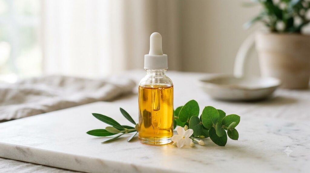 A close-up shot of a small clear dropper bottle filled with a light golden oil placed next to a few green leaves or a su