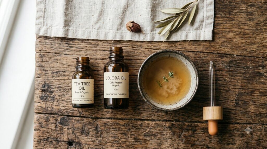 An overhead shot of the ingredients small bottles of tea tree oil jojoba oil and apple cider vinegar with a small mixing