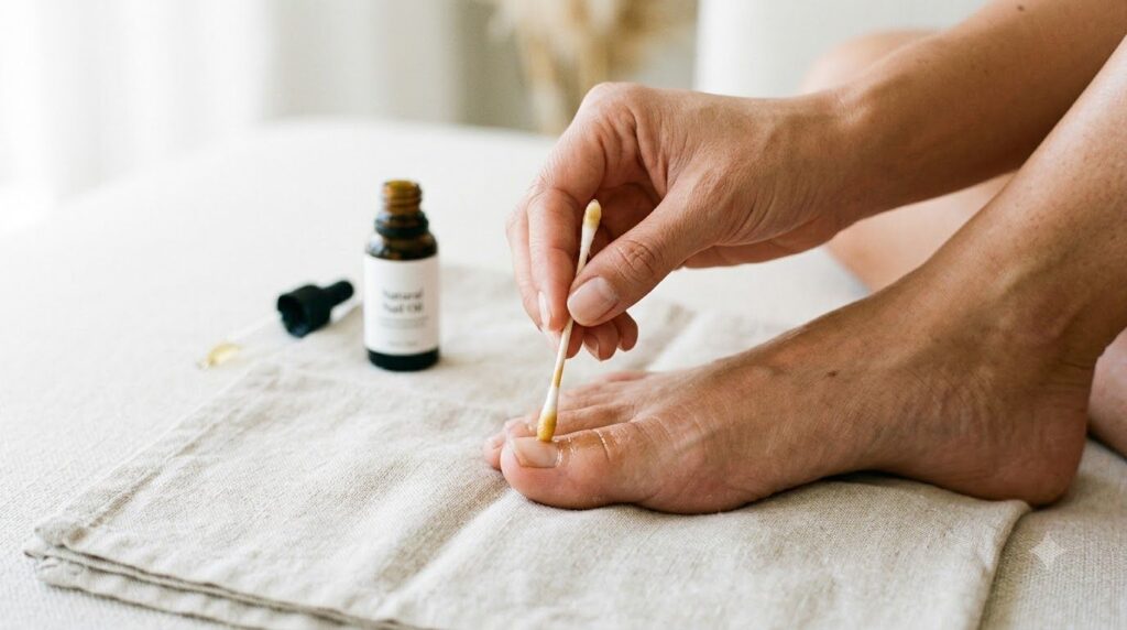 A person s hand gently massaging the natural liquid into a toenail with a cotton swab showing the application process
