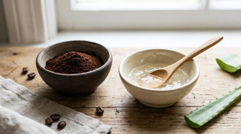 Ingredients for the coffee and aloe vera eye mask showing finely ground coffee and pure aloe vera gel in separate small 