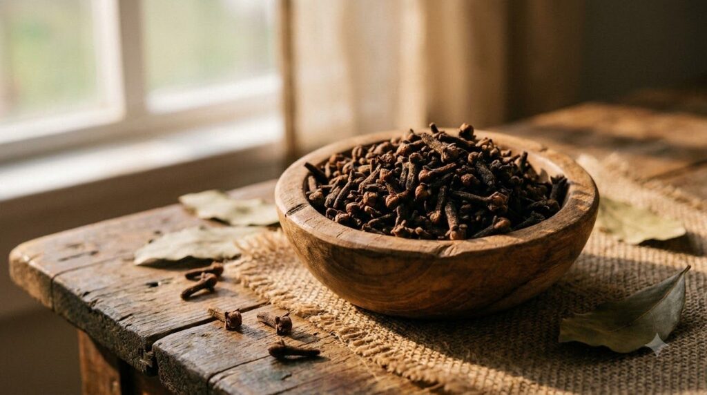A collection of whole dried cloves in a small wooden bowl emphasizing the natural ingredient in a rustic setting