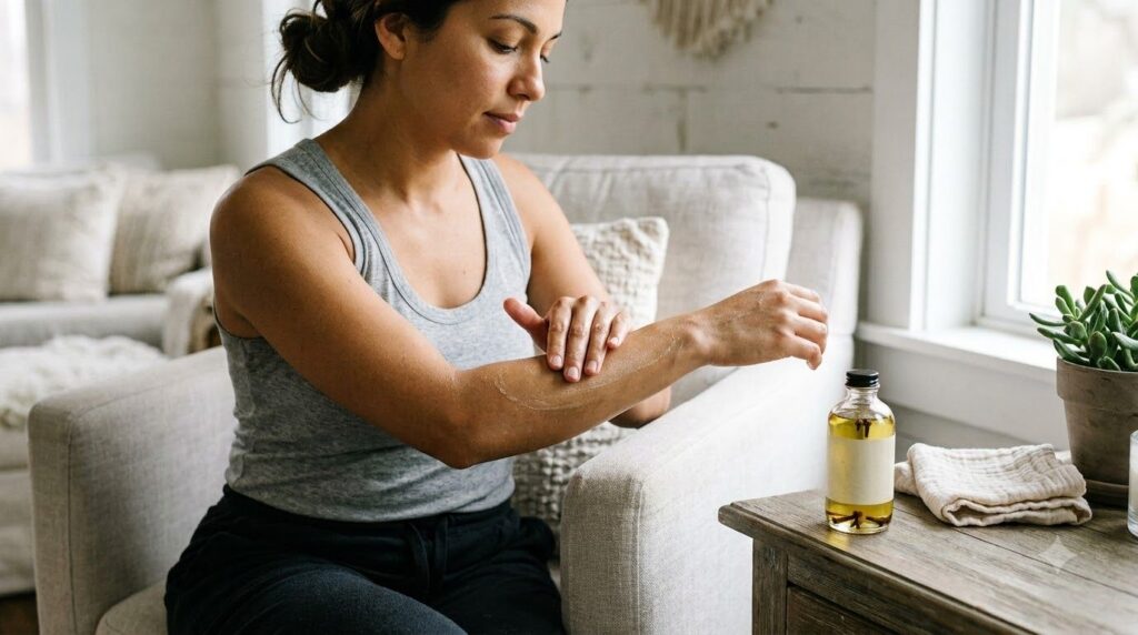 A woman gently massaging the clove-infused baby oil into her arm showing soft hydrated skin The bottle of oil is visible