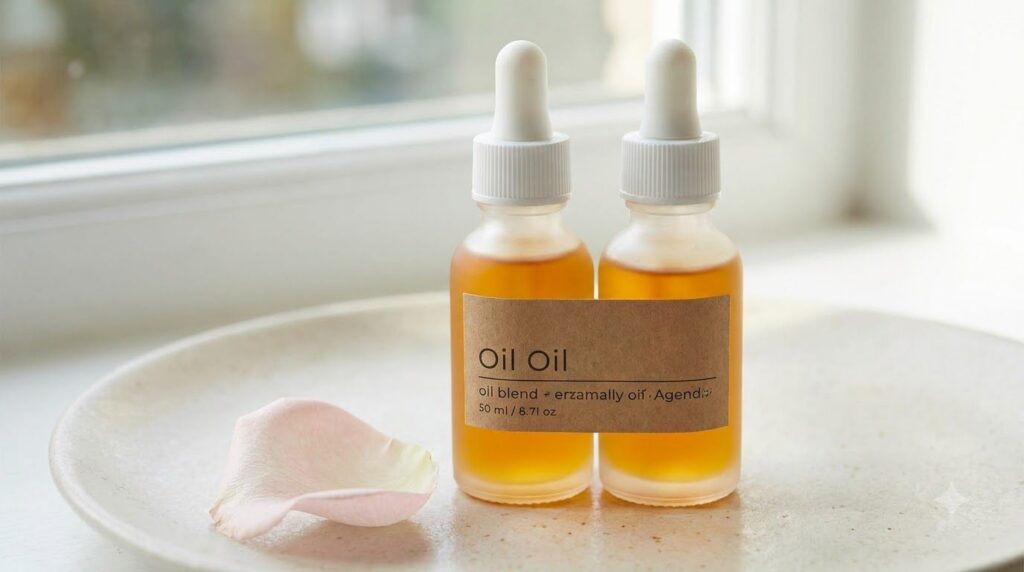 A close-up of a small glass dropper bottle with the mixed baby oil and rose oil gleaming in soft light on a smooth seren