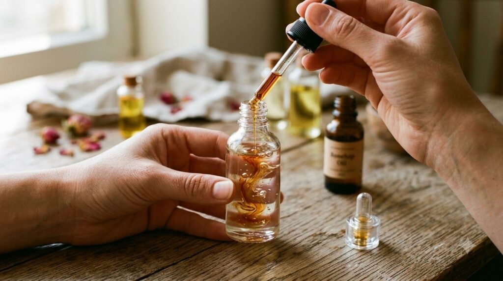 A close-up shot of hands mixing baby oil and rosehip oil into a small glass dropper bottle The oils are visibly blending