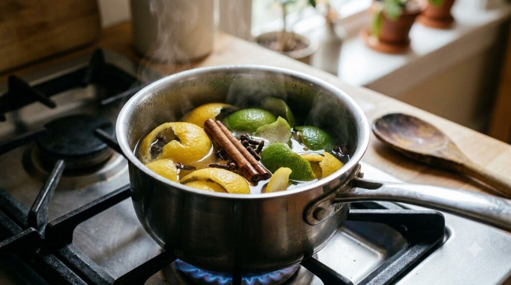 A close-up of citrus peels cinnamon sticks and whole cloves simmering in a small saucepan on a stovetop
