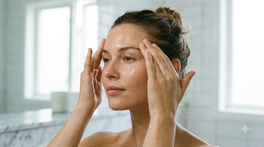 A woman gently massaging a few drops of oil onto her clean face focusing on her forehead and cheekbones with a radiant l