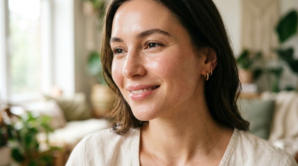 A close-up of a woman s radiant glowing skin showcasing a smooth and hydrated complexion after using a beauty oil