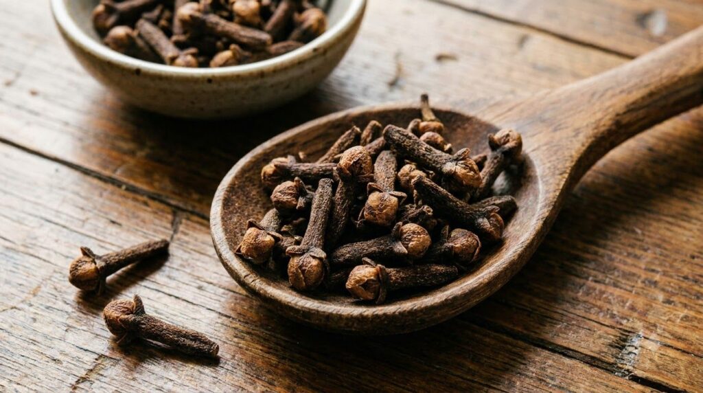 A close-up shot of dried whole cloves showing their distinct shape and texture possibly on a wooden spoon or in a small 