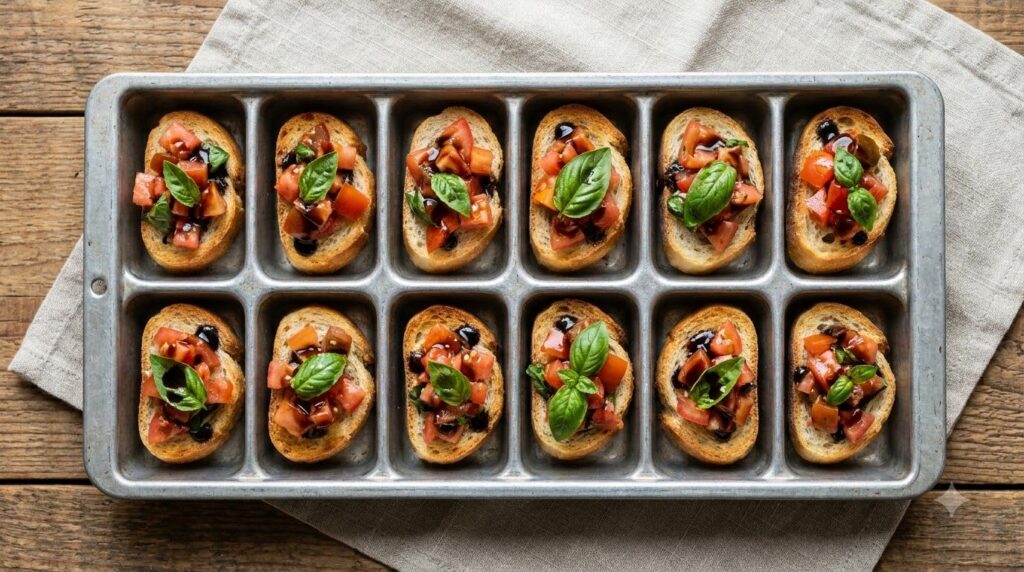 A close-up overhead shot of an ice cube tray filled with vibrant bruschetta bites Each cavity holds a small toasted brea