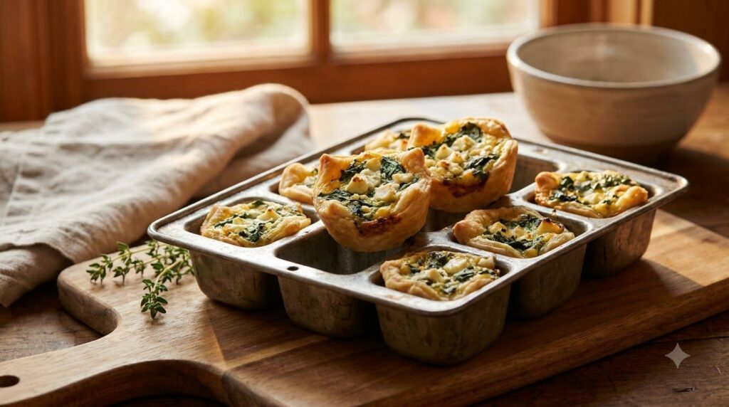 Mini quiches baked in an ice cube tray golden brown with visible spinach and crumbled feta cheese Some quiches are still